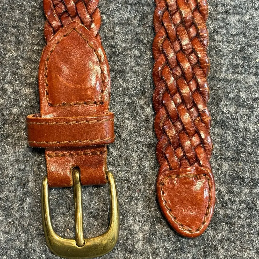 Lands' End Youth Brown Braided Leather Belt Solid Brass Buckle Size M 24-26